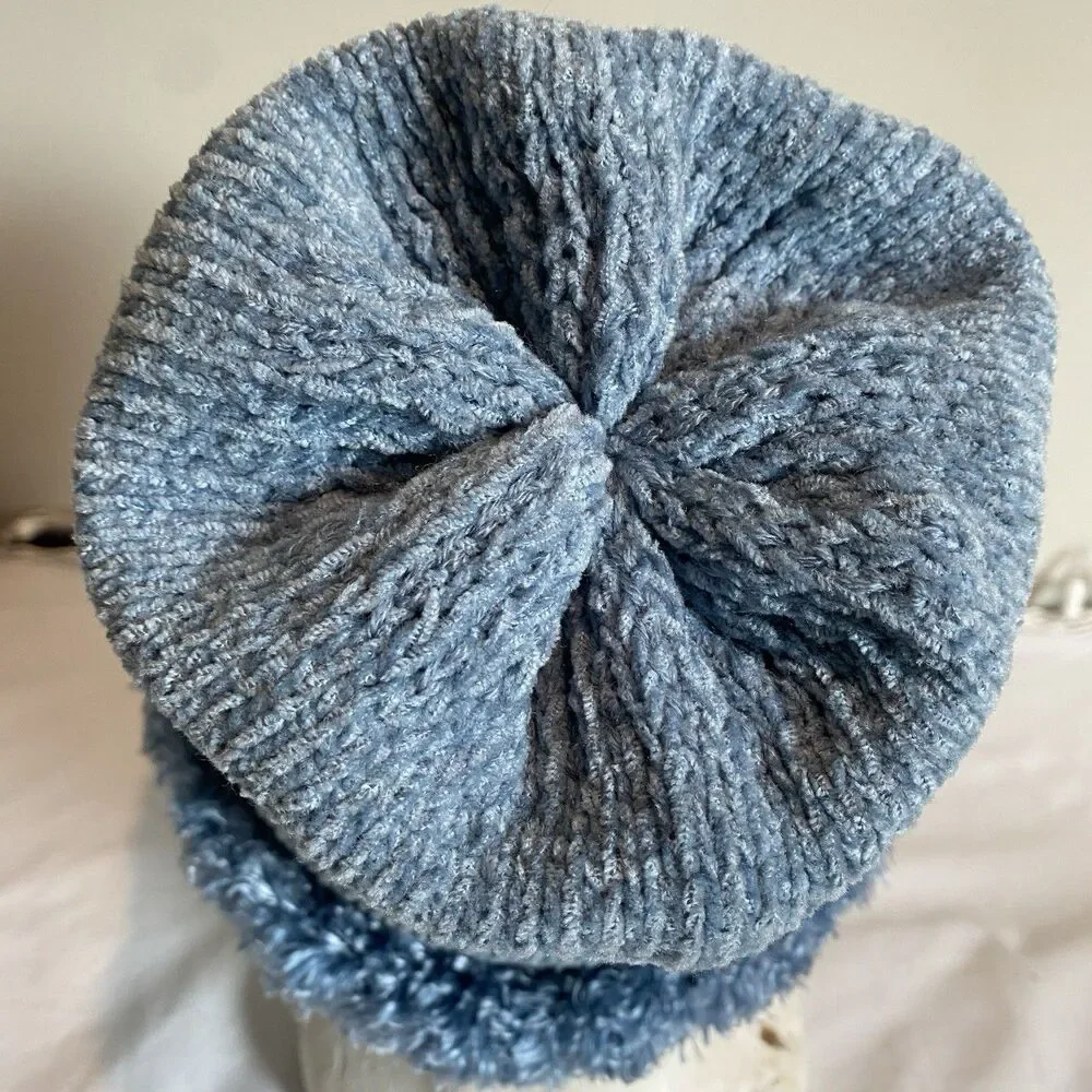 Womens beanie fine Knit lined hat blue slouchy or cuffed faux sherpa brim